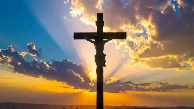 Cross silhouette against bright sunrise sky with rays of light representing faith hope and spirituality