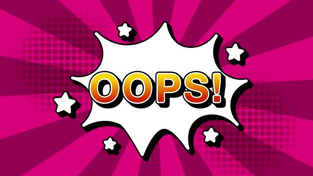 Oops text word lettering popup comic cartoon reveal with bomb and smoke explosion manga anime book page dots with radial speed lines doodle pink background with seamless loop animation retro