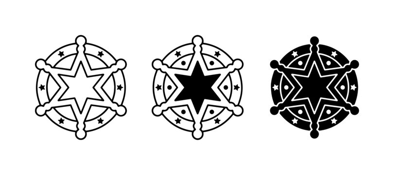 Sheriff Star Badges, Vector Icons Set, Law Enforcement Symbols, Western Style