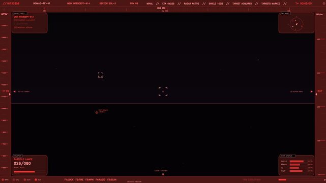 A deep red heads up display overlays a dark environment, featuring complex tactical data and mission objectives. The interface includes real time telemetry for speed, altitude, and heading, alongside