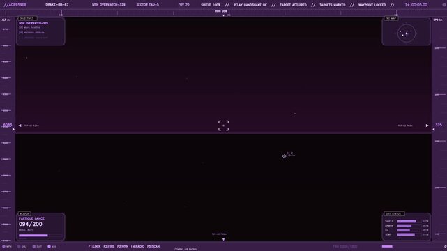 A detailed futuristic cockpit heads up display features a dark background with vibrant neon purple and pink interface elements. The screen shows real time telemetry including altitude, speed, and head