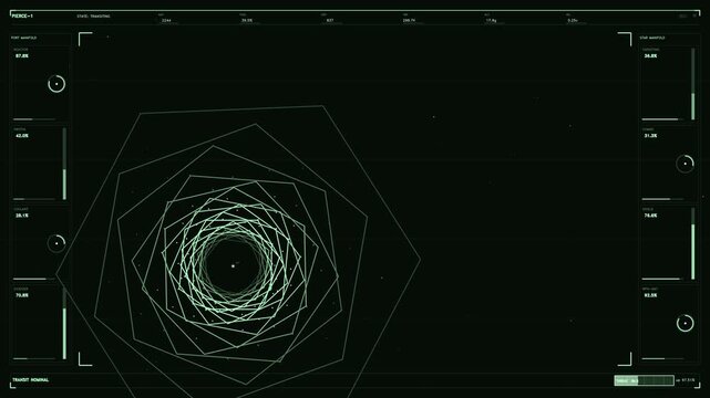 A dark green futuristic head up display featuring a central rotating geometric spiral tunnel. The screen is filled with detailed tactical readouts including reactor levels, inertia, coolant, and weapo