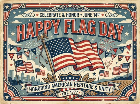 Vintage american flag day poster with patriotic elements and text