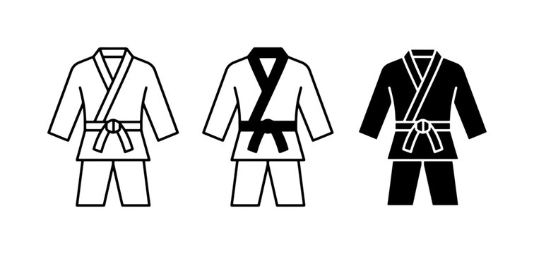 Martial Arts Uniform Icons: Karate Gi, Judo Gi, Aikido Gi, White, Black, Belted Combat Sport Attire