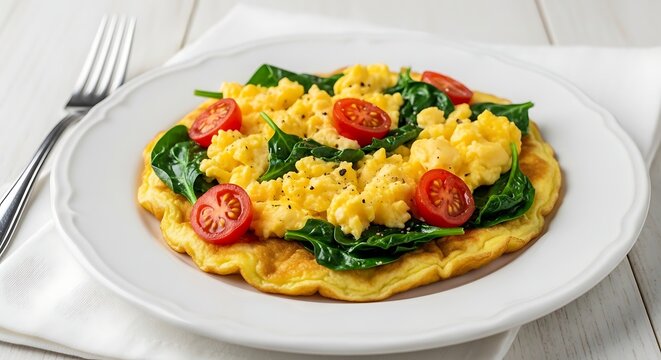 Delicious scrambled eggs with tomatoes and spinach on a white plate