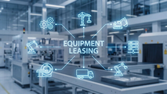 Equipment leasing industrial concept with digital holographic interface showing crane excavator robot medical imaging server and transport vehicle icons for corporate asset financing solutions
