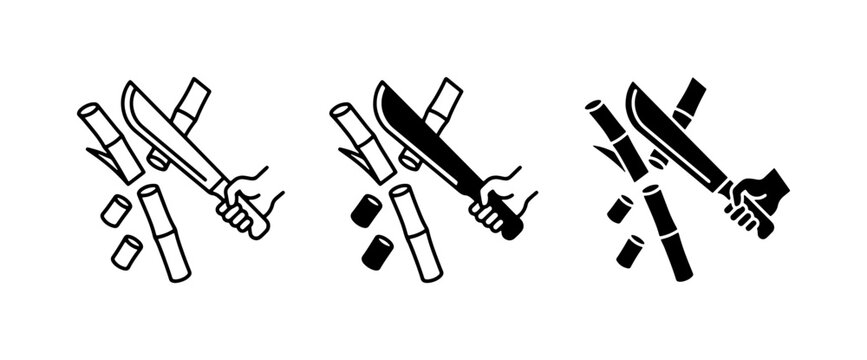 Machete Cutting Bamboo Icon Set, Agricultural Harvest Symbols, Tropical Plant Processing