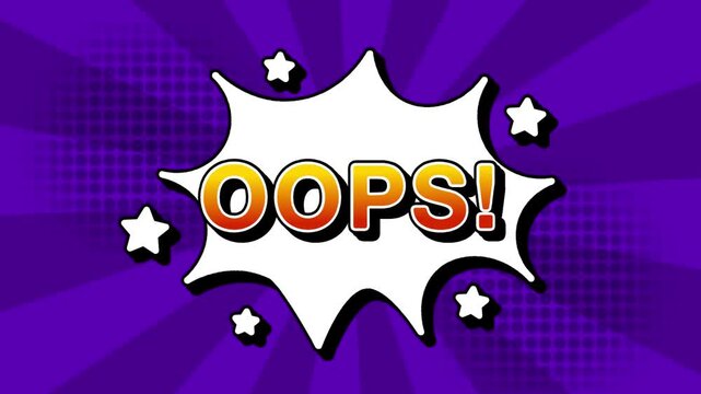Oops text word lettering popup comic cartoon reveal with bomb and smoke explosion manga anime book page dots with radial speed lines doodle violet background with seamless loop animation retro