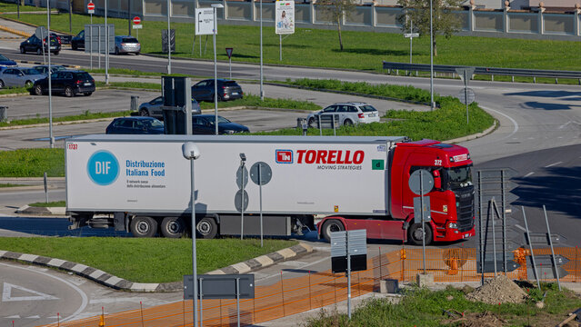 Aerial View of Truck DIF Torello at Intersection in North Italy