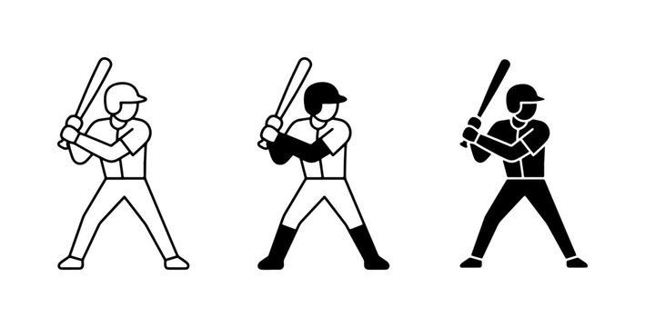Baseball Player Icons, Silhouette and Outline, Sports Action Vector Graphics