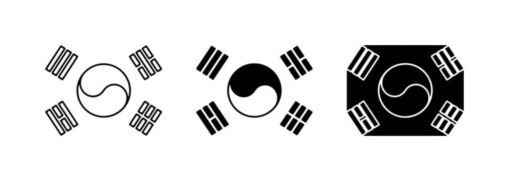 South Korea Flag Icons, Taegeuk Symbol Variations, Korean National Emblem Vector Graphics