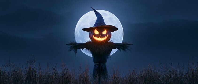 Eerie Scarecrow under a Full Moon. Scarecrow with the head of a halloween pumpkin in a field with full moon in the sky.