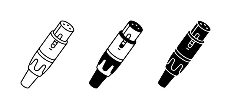 XLR Connector Icons, Audio Cable Plugs, Microphone Jacks, Black and White Vector Graphics