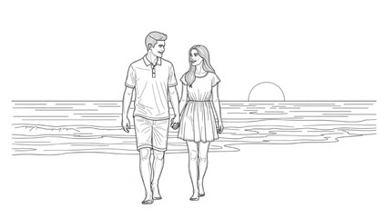 Obraz premium Couple walks on beach at sunset with 2D CAD illustration