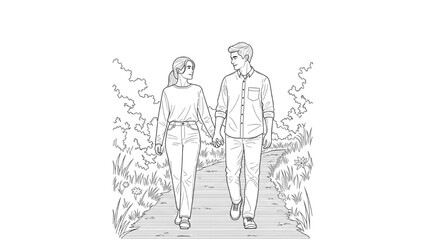 Obraz premium Couple walking hand in hand on 2D CAD designed pathway through garden