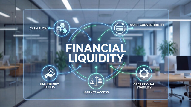 Financial liquidity framework digital concept showing cash flow asset convertibility emergency funds market access and operational stability components for corporate treasury management