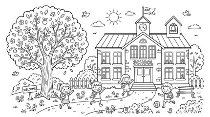 Fototapeta premium Whimsical illustration of a vibrant school environment with happy kids, perfect for a joyful educational coloring activity