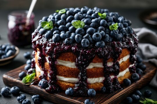 Blueberry sponge cake with fresh fruit and jam drizzle on a rustic board in a moody studio setting for pastry shop and culinary branding