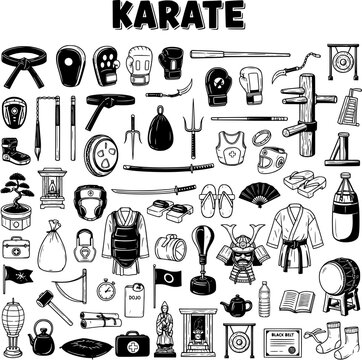 Detailed hand-drawn vector set of Karate and Japanese martial arts equipment, training gear, traditional weapons, and cultural elements in doodle style