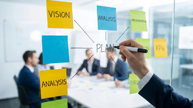  Business team planning session with professional writing plan mind map on glass wall with sticky notes showing vision analysis implementation KPIs and evaluation for strategic corporate management
