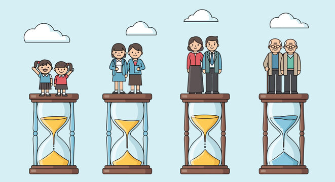 Hourglasses showing human life stages from young children to students and working adults finally reaching old age.