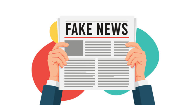 Close up of hands holding a newspaper with a bold fake news headline against a colorful abstract background representing misinformation.