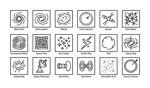 Collection of icons representing cosmic phenomena and astronomical concepts