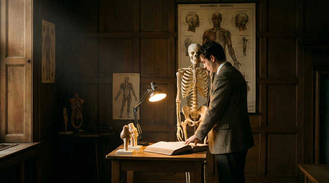 A man in a study examines a detailed anatomical chart and skeleton model, showcasing the intricacies of human anatomy and medical education