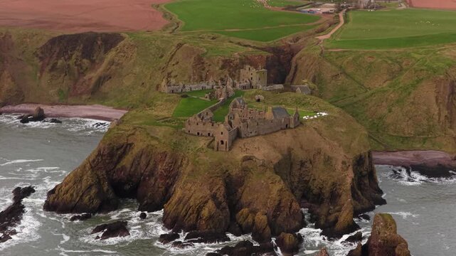Aerial view of dunnottar castle on scotland coast