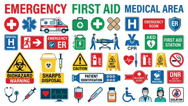 Medical first aid and emergency icons set, hospital healthcare signage collection, biohazard and safety warning symbols vector isolated PNG with Transparent Background