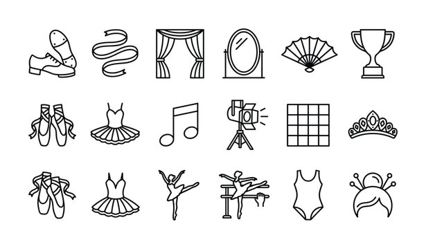 Collection of dance and performance icons including ballet shoes, tap shoes, and stage elements