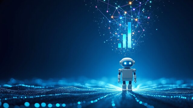 Robot standing in a digital art piece representing technology and artificial intelligence set against a space backdrop with laser lights, neon glow effects, and sparkling particles.