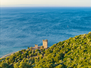 Fototapeta premium Aerial View of the Gattilusi Towers of Paleopolis Samothrace Greece