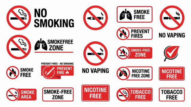 No smoking and no vaping sign collection, red and black smoke free zone labels, nicotine free and tobacco free warning icons, 20 vector elements isolated PNG with Transparent Background