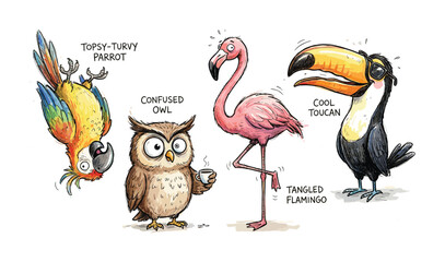 Naklejka premium Humorous cartoon illustration of four quirky birds with funny expressions and poses