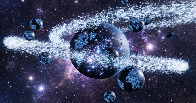 Cosmic scene depicting two planets surrounded by swirling galaxies and digital text elements