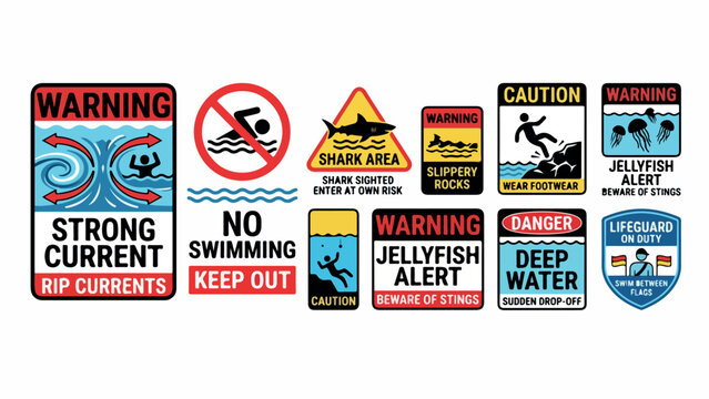 Beach safety warning signs collection, 11 ocean hazard icons, rip current and shark area caution symbols, jellyfish alert and deep water danger labels isolated PNG with Transparent Background