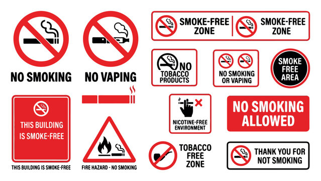 No smoking and no vaping sign collection, smoke-free zone warning labels, red and black tobacco-free environment vector icons isolated PNG with Transparent Background