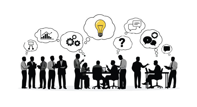 Businesspeople engage in collaborative brainstorming sessions with floating thought bubbles above them.