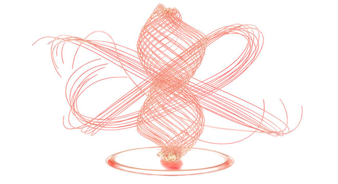 A glowing red abstract structure formed by swirling, interconnected lines creating a complex, symmetrical vortex shape against a black background