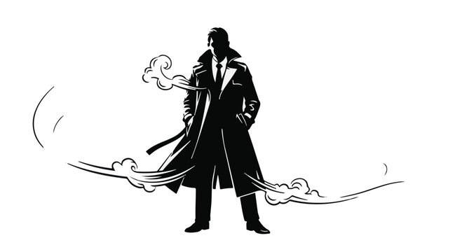 Detective standing in a trench coat moves through the mist in a stylized noir illustration.