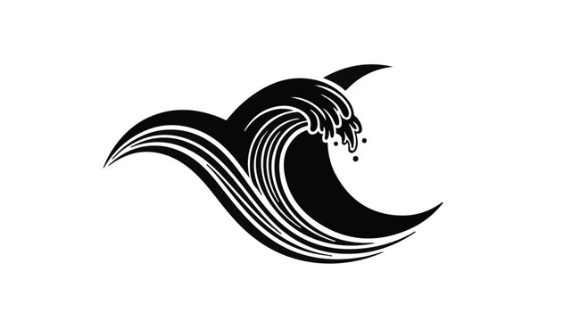 Ocean wave crashes with powerful force in this stylized black and white graphic illustration representing nature.