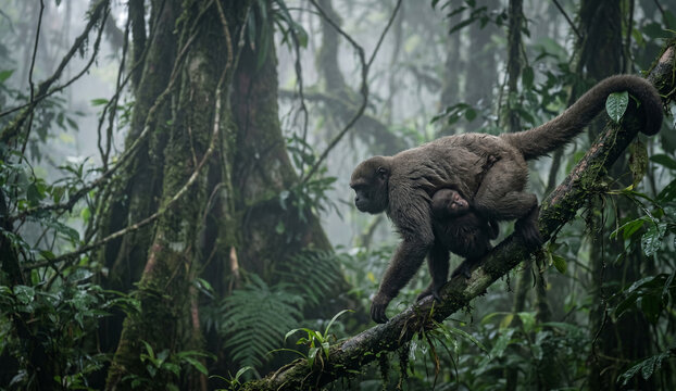 Rare woolly monkey mother carrying her sleepy baby through dense Amazon fog at dawn