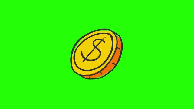 Cartoon gold dollar coin spinning animation on green screen chroma key background, 4K UHD landscape, doodle style, loop-ready for finance and money content