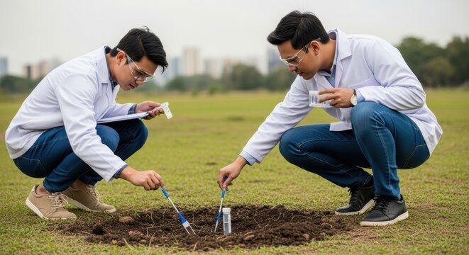 Environmental science students in lab coats conduct soil analysis outdoors for research and education