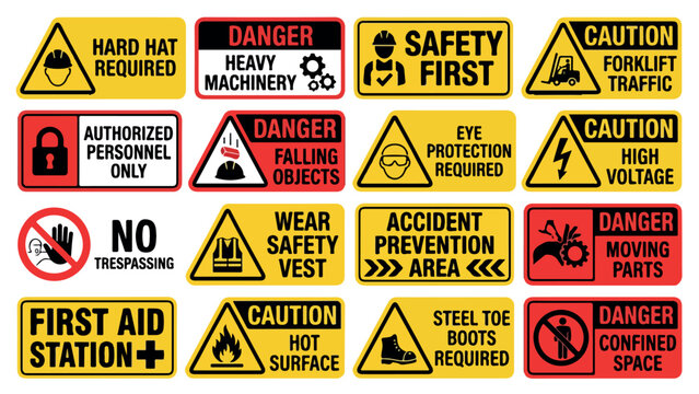 Industrial safety signs collection, 16 occupational hazard and warning labels, construction site caution posters, yellow and red workplace security vector set isolated PNG with Transparent