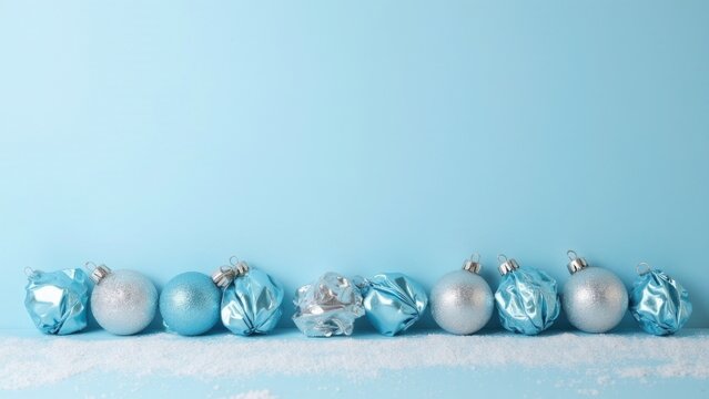 Bright blue Christmas balls in a row ready to be wrapped as presents.