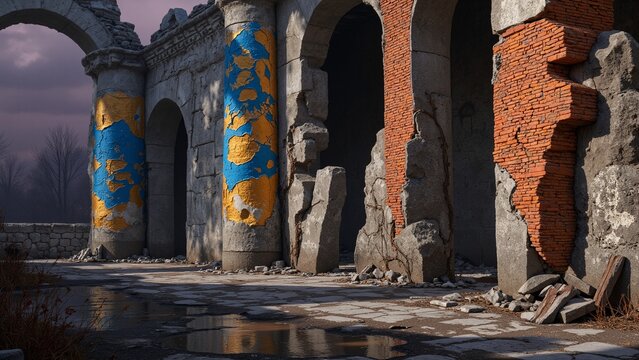 A desolate archway with colorful paintings, set in an apocalyptic landscape.