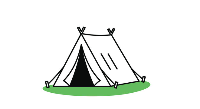 Classic white A frame camping tent pitched on a green patch of grass represents outdoor adventure and tourism activities.
