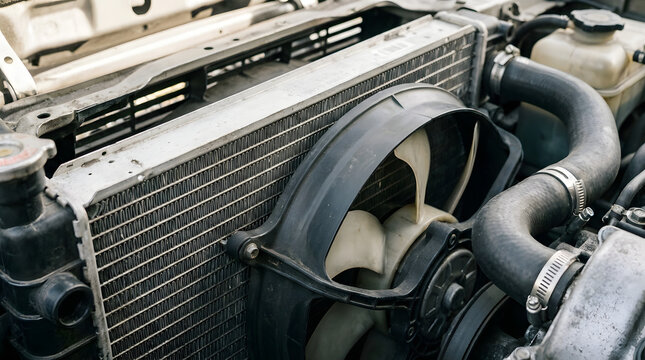Automotive Radiator and Cooling Fan Assembly in Engine Bay